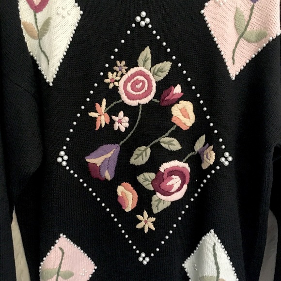 Cristina Multi-Colored Embroidered Floral with Pearls Crew Neck Black Sw… - Picture 7 of 11
